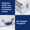Robuster Aluminiumkoffer mit Kantenschutz und stabilem Tragegriff.