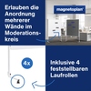 Doppelseitige Moderationstafel mit feststellbaren Rollen und starrem Fußelement in einem Raum.
