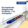 Ablageleiste eines Whiteboards mit farbigen Markern, die eingeklappt ist.