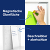 Whiteboard mit magnetischer Oberfläche, beschreibbar und abwischbar, Nutzungshinweise in der Ecke.