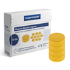Gelbe Magnete Discofix Magnum in Verpackung, aufbewahrt in gestapelter Form.