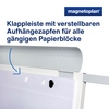 Klappleiste mit verstellbaren Aufhängezapfen für handelsübliche Papierblöcke des Flipcharts.