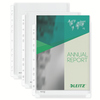 Transparente Prospekthüllen im Format DIN A4 mit einem Farbdesign und einem Jahresbericht.