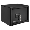 Schwarzer Möbeltresor mit Doppelbartschloss und Schlüssel, rechteckige Form, Produktabbildung.