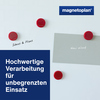 Rote Ergo-Magnete mit ergonomischem Griffrand auf einer Tafel mit Notizen und einer grauen Karte.