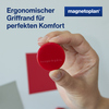 Roter Magnet mit ergonomischem Griffrand wird von einer Hand gehalten.