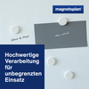 Weißer Magnet mit ergonomischem Griffrand an einer grauen Oberfläche mit handschriftlichen Notizen.