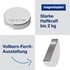 Ergo-Magnet in Silber mit beschrifteter Oberfläche und Beschreibung der Haftkraft und Ausstattung.