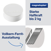 Weißer Ergo-Magnet mit ergonomischem Griff und Hinweis auf starke Haftkraft und Ferritausstattung.