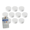 Weiße Ergo-Magnete im Set von zehn Stück mit einer Kennzeichnung als Produktinformation.