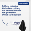 Schwarzes Microfasertuch zum Reinigen von Whiteboards, mit eingenähtem Neodym-Magneten.
