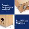 Moderationskoffer aus Holz mit Kanten- und Fußschutz in einer anwendungsbezogenen Darstellung.