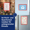 Rote Magnetrahmen im Hoch- und Querformat mit Dokumenten zum Einsatz an Glasflächen.