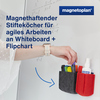 Magnetischer Stiftehalter aus Filz in rot mit Markern und Spraydose, befestigt an einem Whiteboard.
