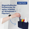 Blauer Stiftehalter aus Filz mit integrierten Magneten, an einem Whiteboard befestigt.