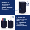 Blauer Stiftehalter aus Filz mit Platz für Marker und Sprühreiniger, magnetisch befestigt.