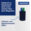 Blauer Stiftehalter aus Filz mit Platz für bis zu 4 Boardmarker, befestigt an einem Glasboard.