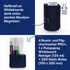 Blauer Stiftehalter aus Filz mit Magneten, gefüllt mit Markern, Spray und Notizen.