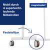 Multifunktionstafel mit mobilem, feststellbarem Gestell und Rollen, in blau und weiß.