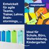 Verschiedene Moderationskarten in leuchtenden Farben, angeordnet an einer Wand, mit Notizen.