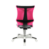 Rückansicht eines ergonomischen weißen Kinderdrehstuhls mit rosa Netzrückenlehne.
