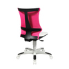 Rückansicht eines ergonomischen Kinderdrehstuhls in Weiß und Rosa mit Netzrückenlehne.