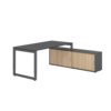 Höhenverstellbare Schreibtischkombination mit graphitfarbenem Gestell und Eichen-Sideboard.