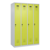 Kleiderschrank mit 4 Abteilen in lichtgrau und clowngrün, mit belüfteten Türen und Etikettenrahmen.