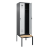 Kleiderspind Evolo PLUS in schwarzgrau mit lichtgrauer Tür und untergebauter Sitzbank.