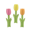 Dekorationsfiguren in Form von Tulpen in Pink, Gelb und Orange auf grünen Stängeln.