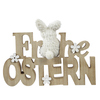 Dekorationsfigur mit der Aufschrift "Frohe Ostern" und einem Hasenmotiv aus Plüsch.