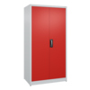 Flügeltürenschrank mit roter Front und ergonomischem Griff, auf einer weißen Grundkonstruktion.