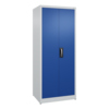 Flügeltürenschrank in enzianblau mit ergonomischem Muldengriff und 3-Riegel-Verschluss.