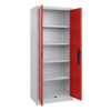 Flügeltürenschrank in verkehrsrot mit vier Regalböden und ergonomischem Muldengriff.
