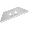 Zweiseitige Ersatzklinge aus Metall für Sicherheitsmesser mit zwei Aufnahmelöchern.