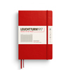 rot kariertes Hardcover-Notizbuch in A5-Größe mit Gummibandverschluss und seitlichem Lesezeichen.