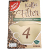 Kaffeefilter der Größe 4 in der Verpackung mit 120 Stück, umgeben von Kaffeebohnen.