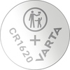 Runde Knopfzelle mit der Bezeichnung CR1620 und stellvertretenden Icons für Benutzerhinweise.