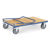 Transportwagen mit Holzwerkstoffladefläche, 2 Lenk- und 2 Bockrollen, blau lackiert.