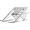 Zusammenklappbarer Laptopständer aus Aluminium in silber mit sechs höhenverstellbaren Stufen.