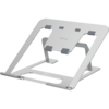 Notebookständer aus Aluminium, silber, zusammenklappbar mit rutschfesten Pads und offenem Design.