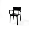 Schwarzer Kunststoff-Stapelstuhl mit Armlehnen und modernem Design.