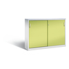 Stahl-Schiebetürenschrank in clowngrün mit zwei Türen und abgerundeten Kanten, leicht erhältlich.