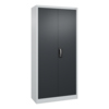 Schwarzer Werkzeugschrank mit zwei Türen und mittigem Griff in einem einfachen, modernen Design.