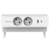 Tischsteckdosenleiste mit zwei Steckdosen und USB-Anschluss auf einem Tisch montiert.