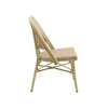 Seitenansicht eines weißen und pastellgrünen Polyrattan-Stuhls im klassischen Design.