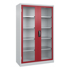 Werkzeugschrank mit zwei Acrylglas-Türen, mehreren Regalen und rotem Frontbereich.