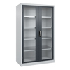 Werkzeugschrank aus Stahl mit Acrylglas-Türen und verstellbaren Einlegeböden in schwarzgrau.