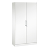 Weißer Stahl-Flügeltürenschrank mit zwei Türen und ergonomischen Griffen, innen verstellbar.