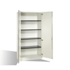 Flügeltürenschrank aus Stahl mit zwei Türen, offenen Regalen und gut sichtbarem Innenraum.